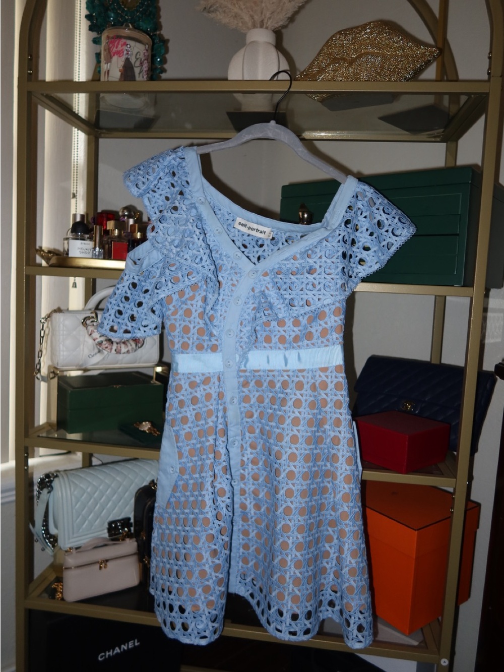 Self Portrait Guipure Frill Mini Dress in Blue